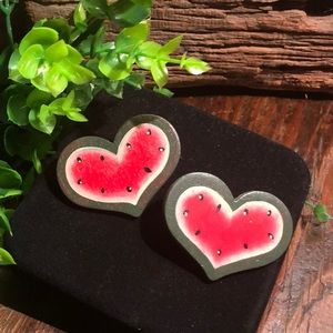 Heart Watermelon Pierced Wood Earrings